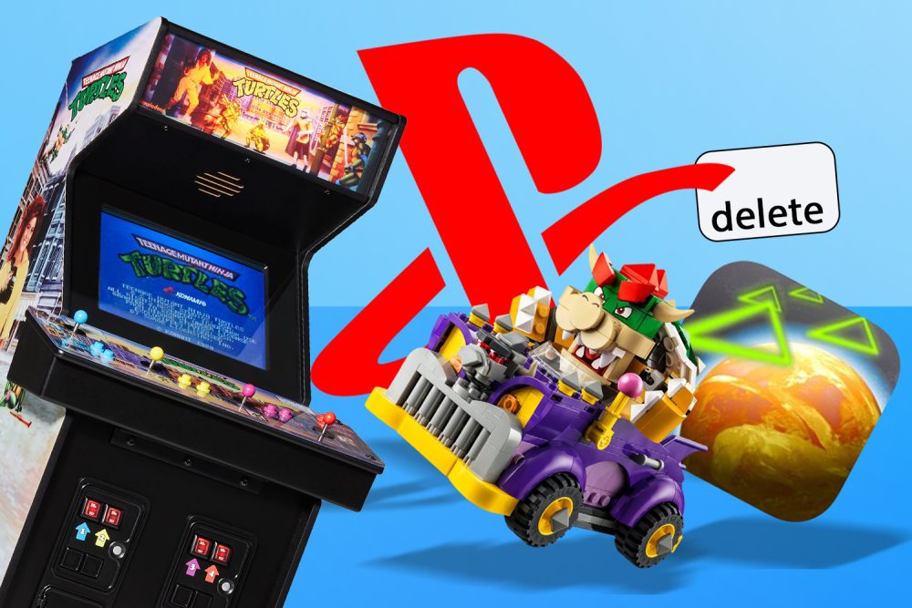 Arcade cab, Lego, PlayStation logo pressing delete, Galcon icon
