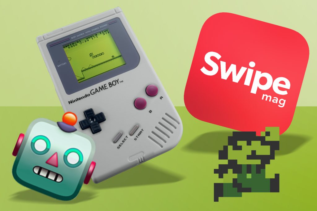 Game Boy, Swipe app logo, robot emoji representing AI, and Game Boy Mario jumping