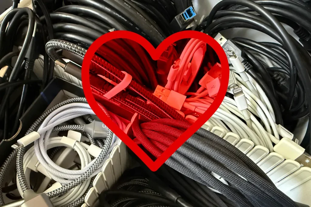 Cables in a drawer with a heart emblem over the top