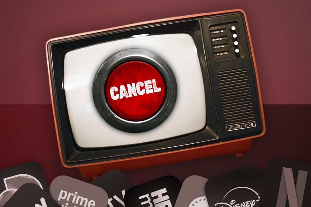 Cancel button on retro TV. Grey icons litter the bottom of the pane.