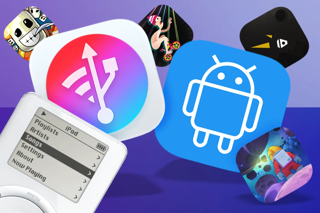iMazing and an APK extractor, surrounded by app icons and an iPod