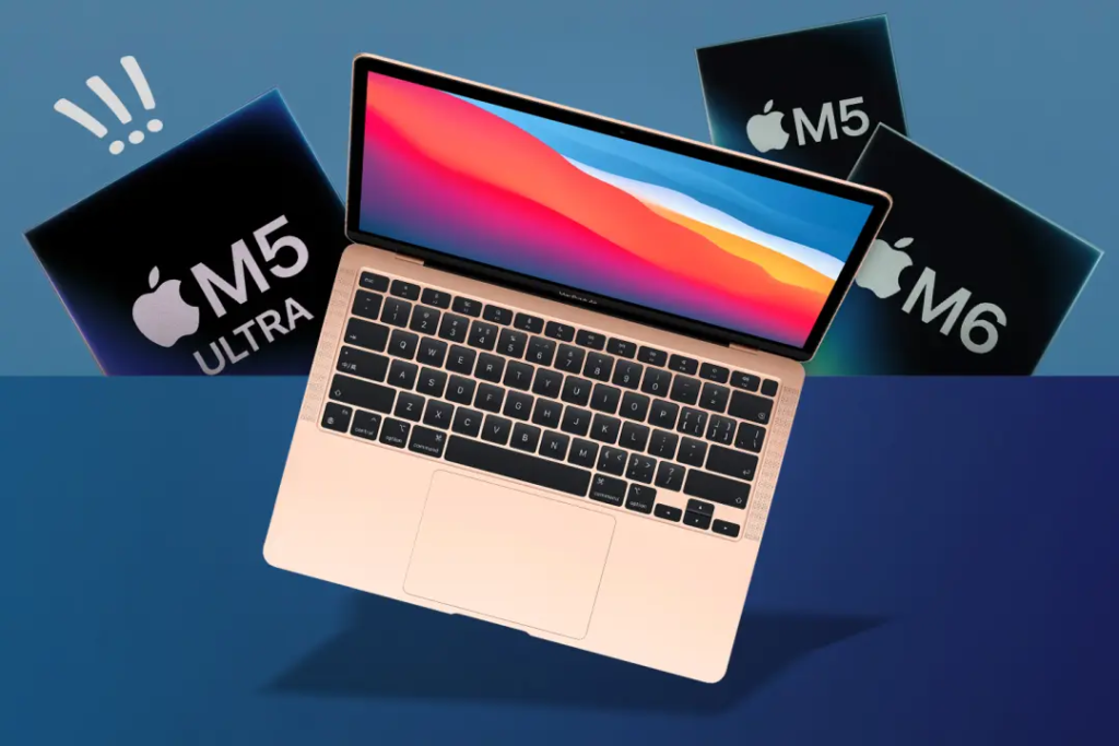 M5 and M6 chips looking in shock at an M1 Mac.